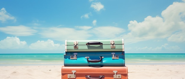 Stapel van drie koffers op het strand kopieer ruimte