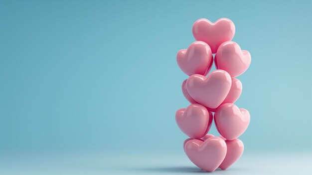 stapel van vele 3D-vormige roze harten op een lege blauwe achtergrond