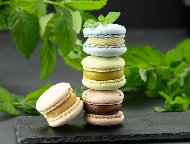 Stapel veelkleurige macarons op een zwarte achtergrond, achter groene takjes munt, een heerlijk en voortreffelijk dessert