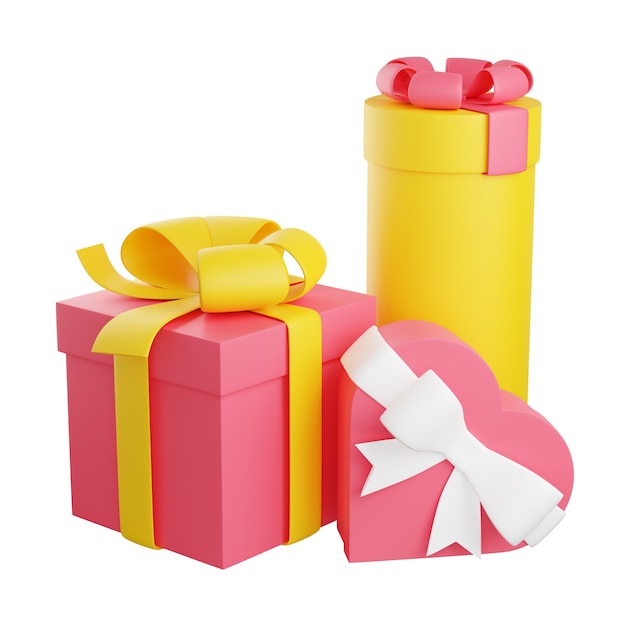 Stapel verpakte geschenkdozen versierd met lint en boog 3d render