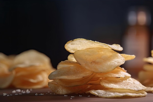 Stapel vers gemaakte chips met zout en peper zichtbaar