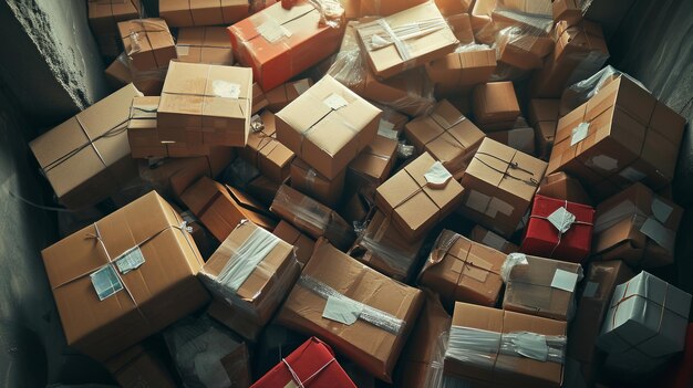 Stapel verschillende pakketten en dozen verzameld in een opslagruimte in afwachting van verzending