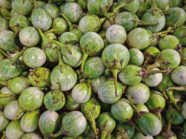 Stapel verse groene aubergines te koop bij marktkraam