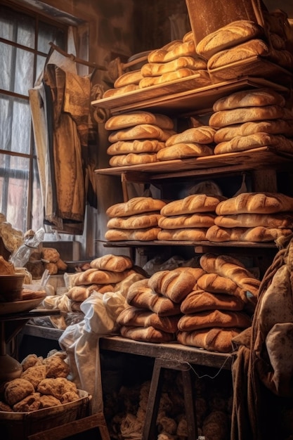 Stapel versgebakken brood in de bakkerij gemaakt met generatieve ai