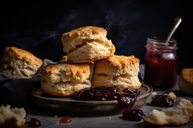 Stapel versgebakken scones gegarneerd met klodder aardbeienjam gemaakt met generatieve AI