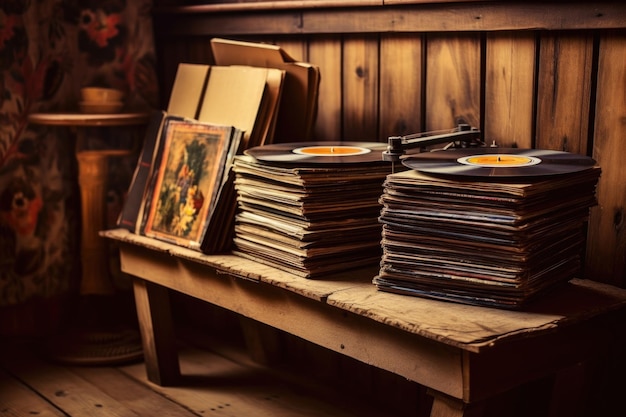 Foto stapel vintage vinylplaten op houten tafel gemaakt met generatieve ai