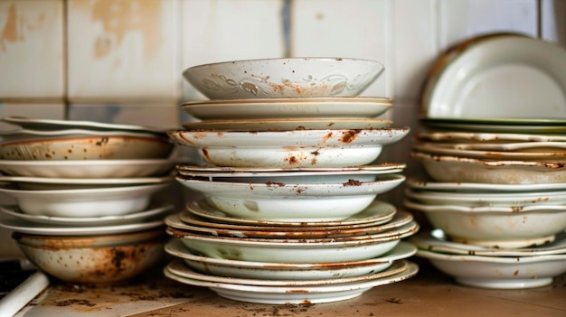 Stapel vuile afwas na het eten in de keuken van thuis Nationale No Dirty Dishes Day Kopieerruimte