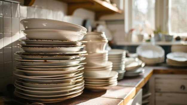 Stapel vuile afwas na het eten in de keuken van thuis Nationale No Dirty Dishes Day Kopieerruimte