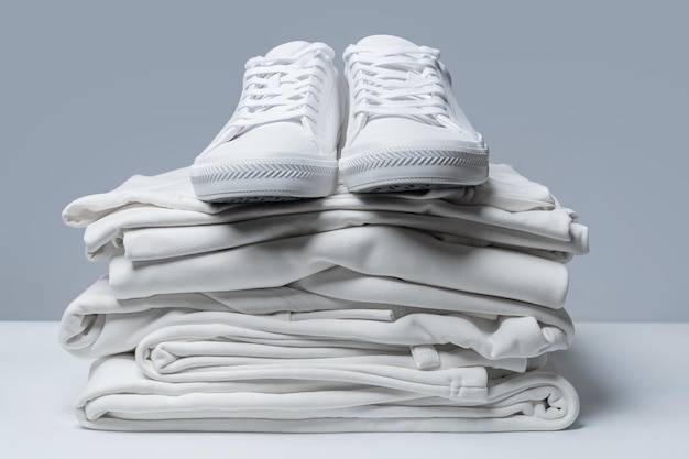 Stapel witte kleren en stijlvolle sneakers op grijze achtergrond