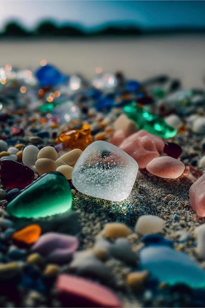 Stapel zeeglas bovenop een generatieve ai van een zandstrand