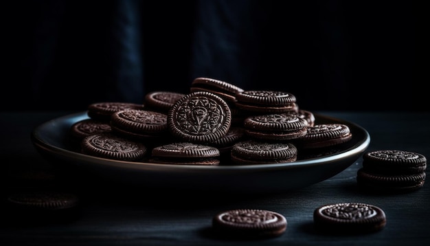 Stapel zelfgemaakte chocoladekoekjes op een rustieke houten tafel gegenereerd door kunstmatige intelligentie