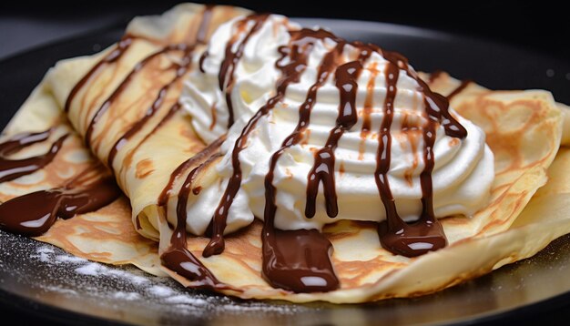 Stapel zelfgemaakte pannenkoeken met chocoladesaus en slagroom gegenereerd door kunstmatige intelligentie