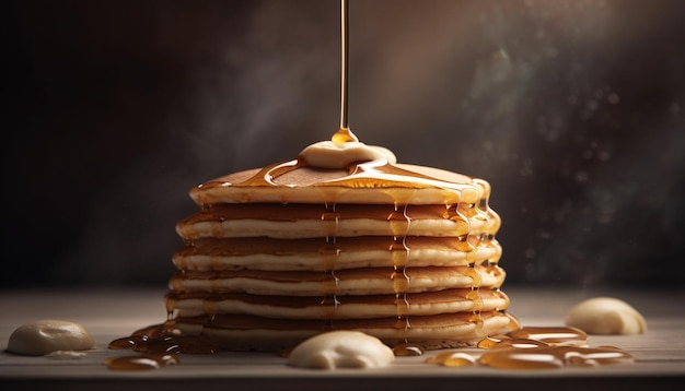 Stapel zelfgemaakte pannenkoeken met zoete siroop gegenereerd door AI