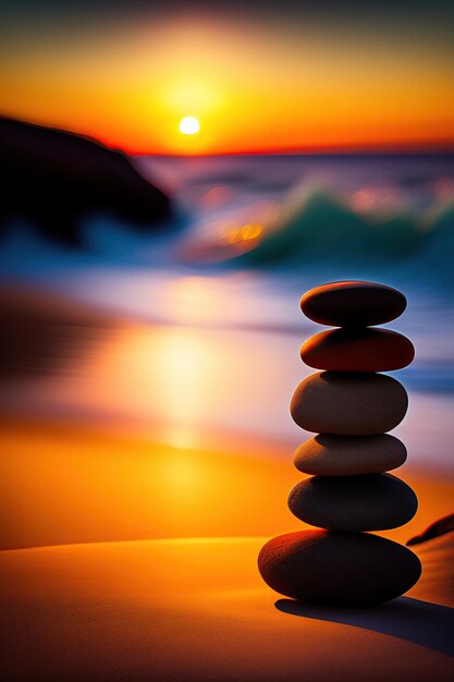 Stapel zen stenen op een kiezelstrand bij zonsondergang