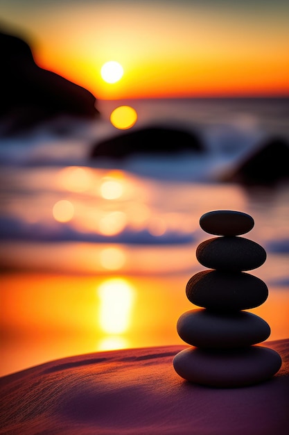 Stapel zen stenen op een kiezelstrand bij zonsondergang