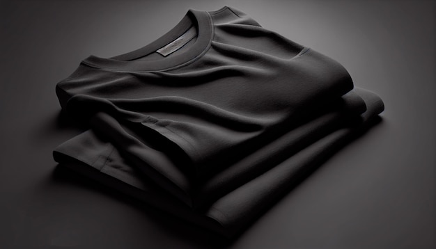 Foto stapel zwarte t-shirthoezen op een donkergrijze tafelachtergrond black friday-verkoopconcept generatieve ai