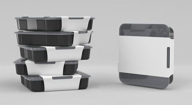 Stapel zwarte vierkante plastic voedselcontainers met transparant deksel en leeg wit kartonetiket Realistische mockup wegwerp sushi box take away verpakking geïsoleerd op grijze achtergrond 3d render