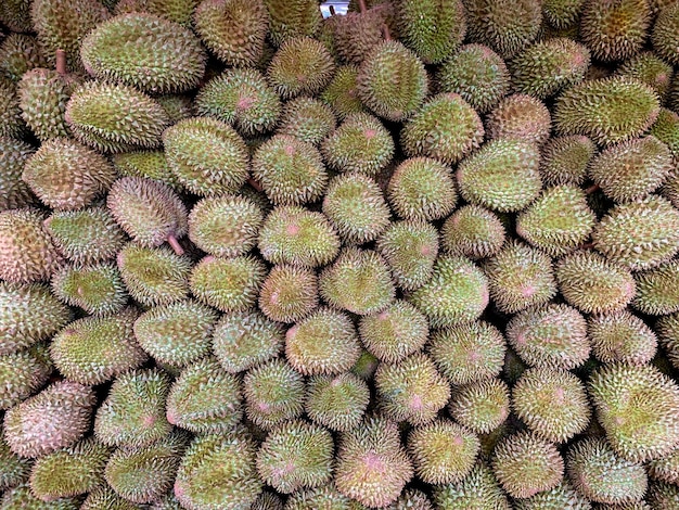 Stapelen Durian te koop op de markt