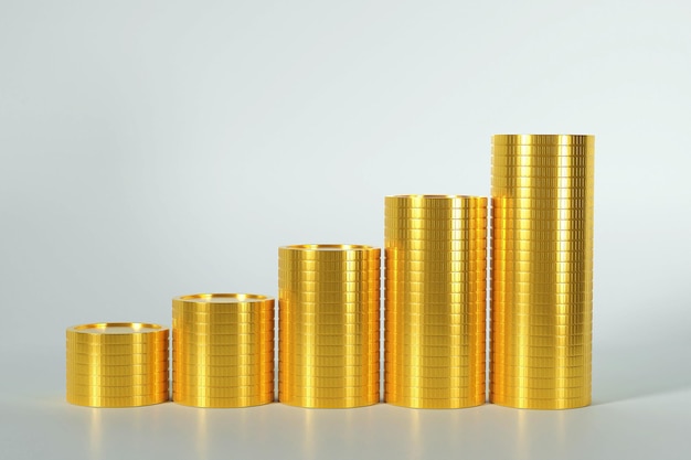 Stapels gouden munten op een witte achtergrond