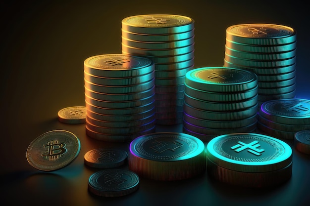 Stapels munten cryptocurrency op donkere achtergrond bij het genereren van neonlicht AI