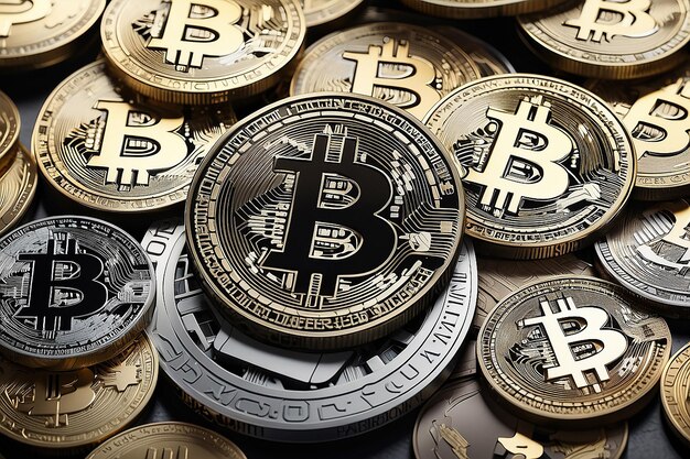 Stapels munten met het bitcoin-cryptocurrency-symbool