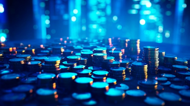 Stapels munten op een vage blauwe tinten neon donkere witte achtergrond geïnspireerd door technologie Generative AI
