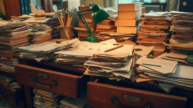 Stapels papier en boeken op een bureau.