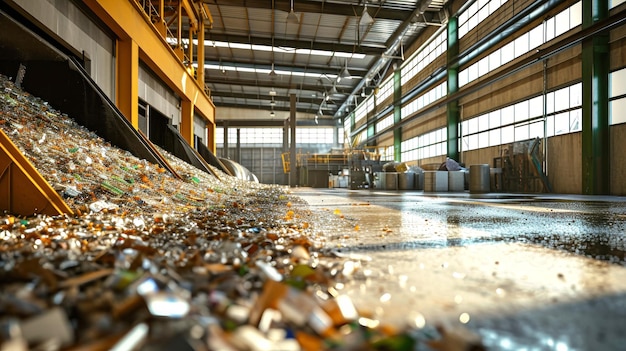 Stapels plastic flessen op een sorteertafel in een vuilnisverwerkingsfabriek