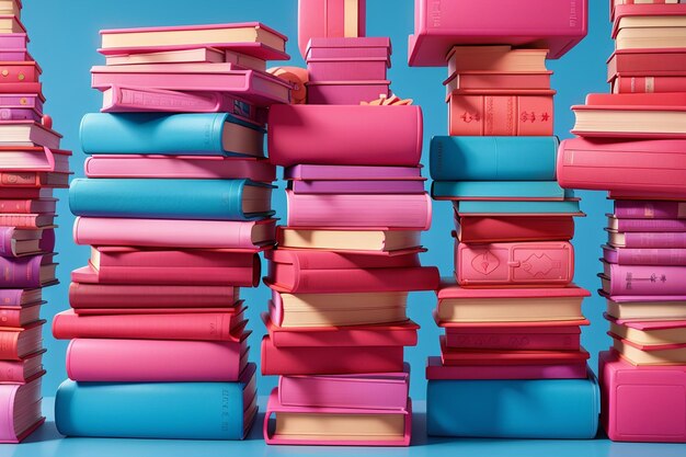 Stapels roze boeken op blauwe achtergrond