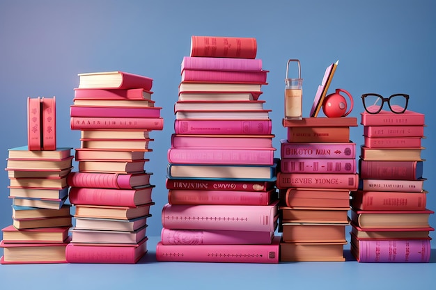 Stapels roze boeken op blauwe achtergrond