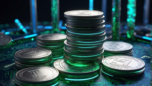 Stapels zilveren munten met een groene achtergrond.
