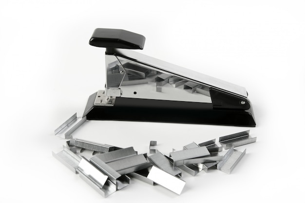 Stapler on silver chrome and black over white