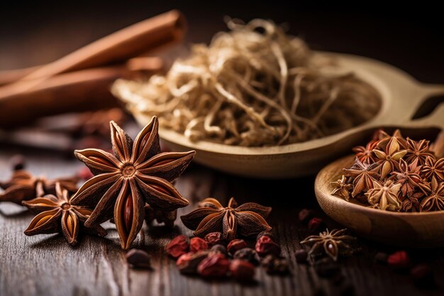 Star anise and cinnamon Aromatic spices on wooden background