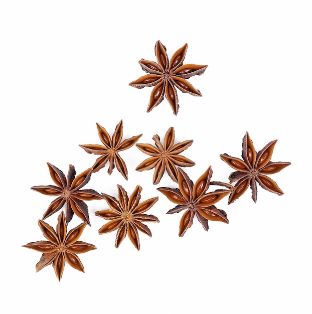 Star anise isolated on the white background, top view