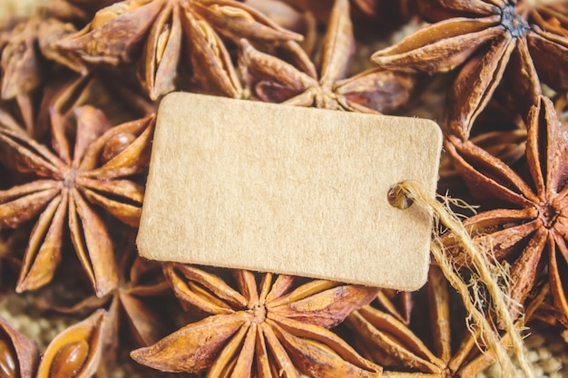 Star anise and tag. Selective focus. food.