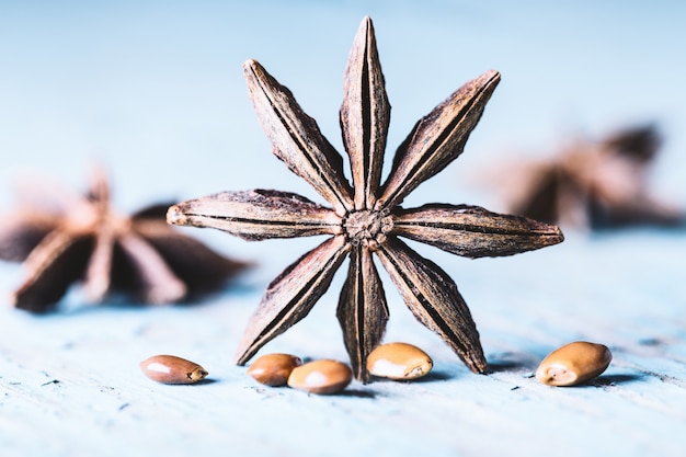 Star anise with seeds on old wooden background close-up with copyspace.