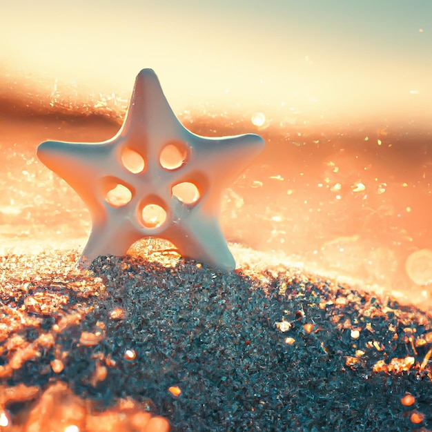 star buried in sand at sunset.