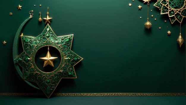 Исламский орнамент звезды и полумесяца на темно-зеленом фоне. Фон с копировальным пространством.