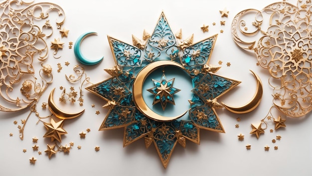 흰색 배경 위에 별과 초승달 이슬람 장식 복사 공간이 있는 배경