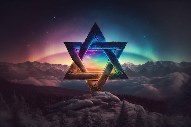 Star of David on top of a mountain, Northern Lights in the night sky, generative AI