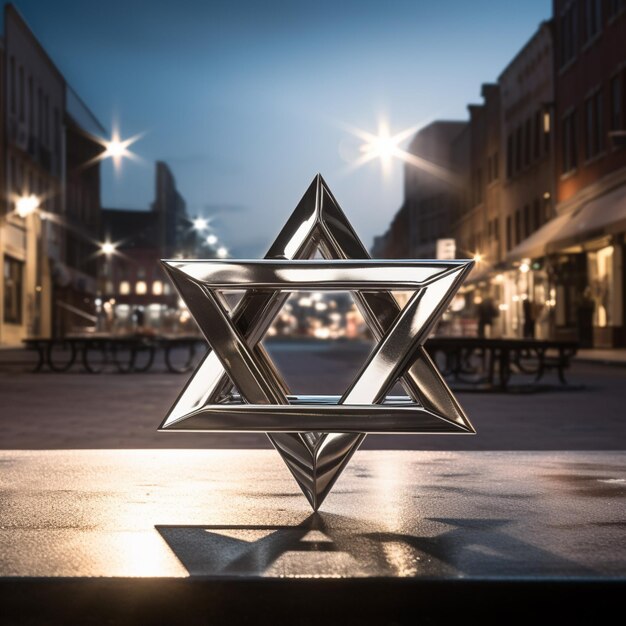 A star of David with a city on its background