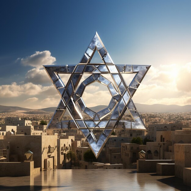 A star of david with old city on its background