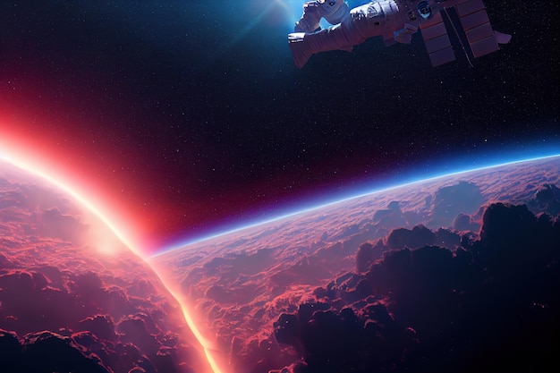 별 일식 외계 행성과 깊은 공간에서 우주 비행사 공상 과학 소설 3d 렌더링 래스터 그림