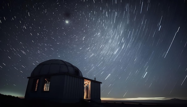 A star - filled observatory sits under a starry sky.