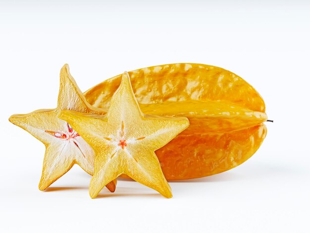 Star fruit of a carambola or starfruit starfruit on a white background The fruit is yellow 3D render