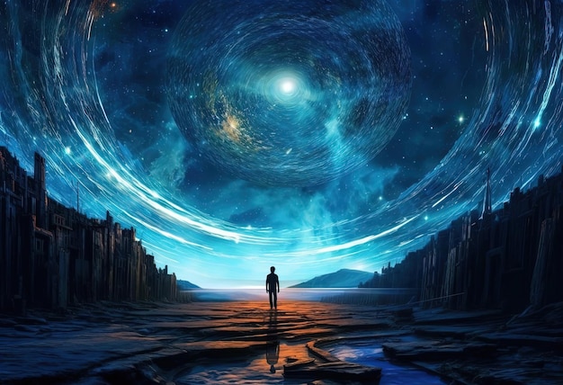 a star lit sky with a man walking in front of it in the style of digital fantasy landscapes