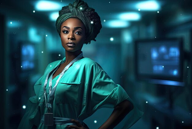 The star on nursing nurse in the style of afrofuturism