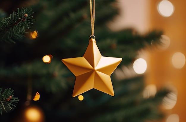 star ornament hanging on christmas tree