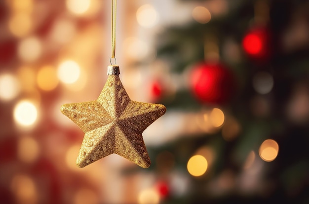 star ornament hanging on christmas tree