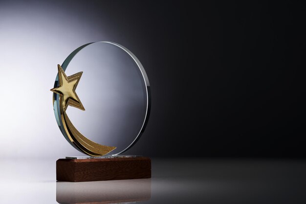 Star shape of crystal glass trophy against gray background